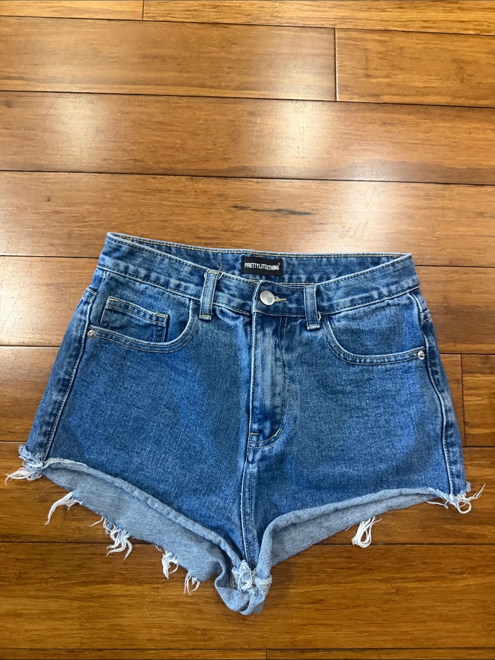 PrettyLittleThing Dark Blue High Waist Denim Shorts with Frayed Hem